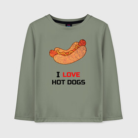 Детский лонгслив хлопок с принтом Love HOT DOGS , 100% хлопок | круглый вырез горловины, полуприлегающий силуэт, длина до линии бедер | Тематика изображения на принте: еда | люблю | питание | сосиска | хот дог