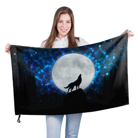 Флаг 3D с принтом Волк воющий на луну , 100% полиэстер | плотность ткани — 95 г/м2, размер — 67 х 109 см. Принт наносится с одной стороны | wolf | волк | волки | волчица | животные | одинокий волк