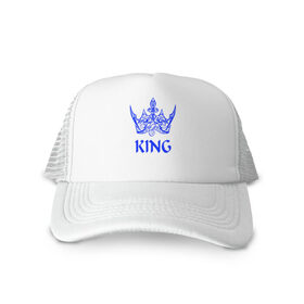 Кепка тракер с сеткой с принтом KING , трикотажное полотно; задняя часть — сетка | длинный козырек, универсальный размер, пластиковая застежка | blue crown | crown | crown print | king | king lettering | king print | король | корона | надпись король | принт король | принт короны | синяя  корона