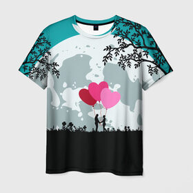 Мужская футболка 3D с принтом Влюбленная Пара , 100% полиэфир | прямой крой, круглый вырез горловины, длина до линии бедер | heart | leaves | love | love you | minimal | moon | night | влюбленная пара | влюбленные | воздушные шары | деревья | листья | луна | любовь | минимализм | ночь | отношения | полнолуние | природа | сердечки | сердца | сердце