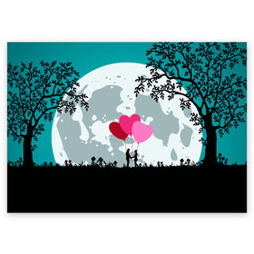 Поздравительная открытка с принтом Влюбленная Пара , 100% бумага | плотность бумаги 280 г/м2, матовая, на обратной стороне линовка и место для марки
 | heart | leaves | love | love you | minimal | moon | night | влюбленная пара | влюбленные | воздушные шары | деревья | листья | луна | любовь | минимализм | ночь | отношения | полнолуние | природа | сердечки | сердца | сердце