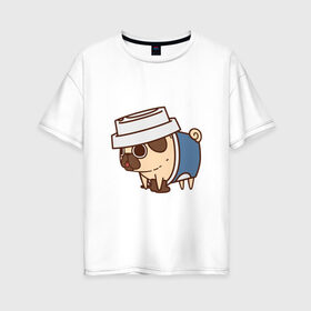 Женская футболка хлопок Oversize с принтом Кофейный мопс , 100% хлопок | свободный крой, круглый ворот, спущенный рукав, длина до линии бедер
 | арт | кофе | мопс | рисунок | сладкий | сладость | собака в костюме | собака в костюмчике | шоколад