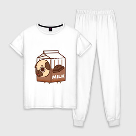 Женская пижама хлопок с принтом Шоколадное молоко-мопс , 100% хлопок | брюки и футболка прямого кроя, без карманов, на брюках мягкая резинка на поясе и по низу штанин | арт | молоко | мопс | рисунок | сладкий | сладость | собака в костюме | собака в костюмчике | шоколад
