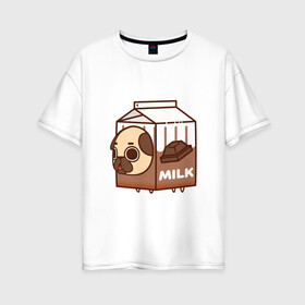 Женская футболка хлопок Oversize с принтом Шоколадное молоко-мопс , 100% хлопок | свободный крой, круглый ворот, спущенный рукав, длина до линии бедер
 | арт | молоко | мопс | рисунок | сладкий | сладость | собака в костюме | собака в костюмчике | шоколад