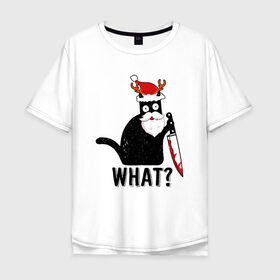 Мужская футболка хлопок Oversize с принтом What Cat (Новый Год) , 100% хлопок | свободный крой, круглый ворот, “спинка” длиннее передней части | 