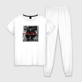 Женская пижама хлопок с принтом SALUKI , 100% хлопок | брюки и футболка прямого кроя, без карманов, на брюках мягкая резинка на поясе и по низу штанин | rap | saluki | saluki rap | рэп | рэпер | салюки