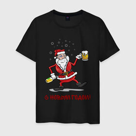 Мужская футболка хлопок с принтом Дед Мороз с пивом 18+ , 100% хлопок | прямой крой, круглый вырез горловины, длина до линии бедер, слегка спущенное плечо. | 