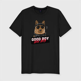 Мужская футболка хлопок Slim с принтом Bad Boy , 92% хлопок, 8% лайкра | приталенный силуэт, круглый вырез ворота, длина до линии бедра, короткий рукав | animal | dog | good | домашний | животные | звери | крутой | мальчик | милый | надпись | очки | пес | питомец | собака | собакен | табличка | хороший | щенок