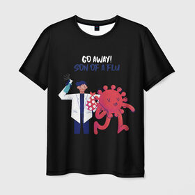 Мужская футболка 3D с принтом Вирус уходи , 100% полиэфир | прямой крой, круглый вырез горловины, длина до линии бедер | coronavirus | covid 19 | врач | доктор | ковид | коронавирус | медик | медицина | на английском | надпись | терапевт