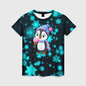 Женская футболка 3D с принтом Новогодний пингвин , 100% полиэфир ( синтетическое хлопкоподобное полотно) | прямой крой, круглый вырез горловины, длина до линии бедер | 2021 | new year | бык | год быка | девочка | дед мороз | детям | дочке | мальчик | модная | модный | мороженое | новогодний дизайн | новогодний пингвин | новогодняя | новый год | пенгвин | пингвин | пингвины