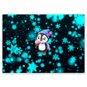 Поздравительная открытка с принтом Новогодний пингвин , 100% бумага | плотность бумаги 280 г/м2, матовая, на обратной стороне линовка и место для марки
 | 2021 | new year | бык | год быка | девочка | дед мороз | детям | дочке | мальчик | модная | модный | мороженое | новогодний дизайн | новогодний пингвин | новогодняя | новый год | пенгвин | пингвин | пингвины