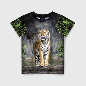 Детская футболка 3D с принтом ТИГР В ЛЕСУ , 100% гипоаллергенный полиэфир | прямой крой, круглый вырез горловины, длина до линии бедер, чуть спущенное плечо, ткань немного тянется | tiger | амурский | бенгальский | в зоопарке | в лесу | дикий | кошка | крупная | полосатый | тигр | тигренок | тигрица