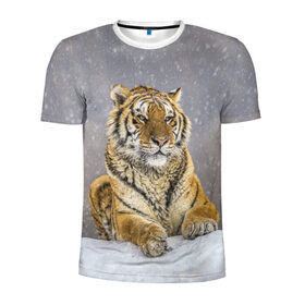Мужская футболка 3D спортивная с принтом ТИГР ЗИМОЙ , 100% полиэстер с улучшенными характеристиками | приталенный силуэт, круглая горловина, широкие плечи, сужается к линии бедра | Тематика изображения на принте: tiger | амурский | бенгальский | дикий | зима | зимой | кошка | крупная | полосатый | тигр | тигренок | тигрица