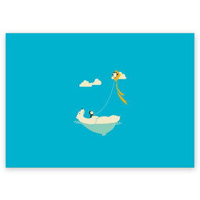 Поздравительная открытка с принтом ОБИТАТЕЛИ АНТАРКТИКИ , 100% бумага | плотность бумаги 280 г/м2, матовая, на обратной стороне линовка и место для марки
 | Тематика изображения на принте: белый медведь | воздушный змей | детский рисунок | мультяшный персонаж | небо голубое | облака | пингвин | рисунок