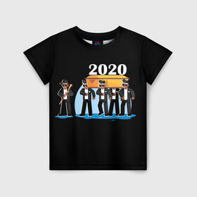 Детская футболка 3D с принтом 2020 не спасти... , 100% гипоаллергенный полиэфир | прямой крой, круглый вырез горловины, длина до линии бедер, чуть спущенное плечо, ткань немного тянется | Тематика изображения на принте: 2020 год мем | dancing coffin | tony igy astronomia tony igy | мем про 2020 год | мультяшные персонажи | популярный мем | смешной арт | черные гробовщики
