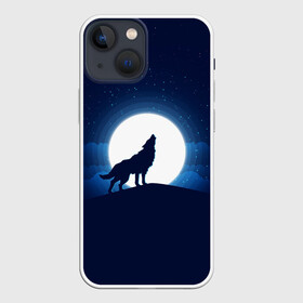 Чехол для iPhone 13 mini с принтом Воющий на луну ,  |  | волк вобщий на луну | звезды | луна | небо | ночное небо | полнолуние
