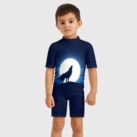 Детский купальный костюм 3D с принтом Воющий на луну , Полиэстер 85%, Спандекс 15% | застежка на молнии на спине | волк вобщий на луну | звезды | луна | небо | ночное небо | полнолуние