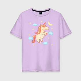 Женская футболка хлопок Oversize с принтом Happy unicorn , 100% хлопок | свободный крой, круглый ворот, спущенный рукав, длина до линии бедер
 | moon | unicorn | единорог | звезды | месяц | облачка