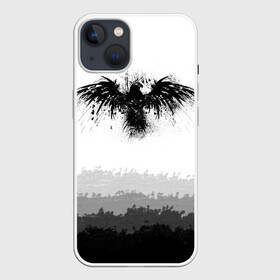 Чехол для iPhone 13 с принтом ЧЁРНЫЙ ВОРОН ,  |  | брызги чернил | градиент | минималистичный принт | черная птица | чёрно белый арт | черный ворон