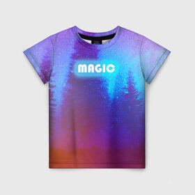 Детская футболка 3D с принтом MAGIC , 100% гипоаллергенный полиэфир | прямой крой, круглый вырез горловины, длина до линии бедер, чуть спущенное плечо, ткань немного тянется | звездное небо | зимний вечер | неоновая надпись | ночное небо | снег