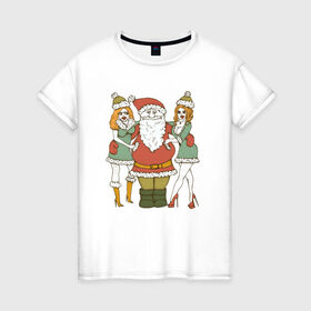 Женская футболка хлопок с принтом Дед Мороз и Снегурочки , 100% хлопок | прямой крой, круглый вырез горловины, длина до линии бедер, слегка спущенное плечо | 