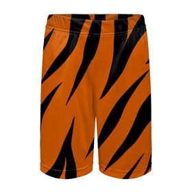 Детские спортивные шорты 3D с принтом Текстура тигра ,  100% полиэстер
 | пояс оформлен широкой мягкой резинкой, ткань тянется
 | Тематика изображения на принте: кожа тигра | расцветка тигра | текстура | тигр