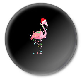 Значок с принтом Новогодний Фламинго ,  металл | круглая форма, металлическая застежка в виде булавки | Тематика изображения на принте: 2021 | гирлянда | год быка | дед мороз | новогодний | новогодняя | новый год | птица | рождество | розовый фламинго | с новым годом | фламинго