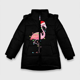Зимняя куртка для девочек 3D с принтом Новогодний Фламинго , ткань верха — 100% полиэстер; подклад — 100% полиэстер, утеплитель — 100% полиэстер. | длина ниже бедра, удлиненная спинка, воротник стойка и отстегивающийся капюшон. Есть боковые карманы с листочкой на кнопках, утяжки по низу изделия и внутренний карман на молнии. 

Предусмотрены светоотражающий принт на спинке, радужный светоотражающий элемент на пуллере молнии и на резинке для утяжки. | 2021 | гирлянда | год быка | дед мороз | новогодний | новогодняя | новый год | птица | рождество | розовый фламинго | с новым годом | фламинго