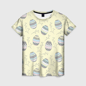 Женская футболка 3D с принтом Пасхальные яйца , 100% полиэфир ( синтетическое хлопкоподобное полотно) | прямой крой, круглый вырез горловины, длина до линии бедер | бог | вера | весна | воскресение | желтый фон | молитва | пасха | пасхальный | пост | религия | храм | христос | церковь | яйца пасхальные