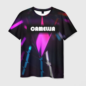 Мужская футболка 3D с принтом CAMELLIA , 100% полиэфир | прямой крой, круглый вырез горловины, длина до линии бедер | Тематика изображения на принте: абстракция | геометрия | неоновый огонь | неоновый полосы | неоновый свет