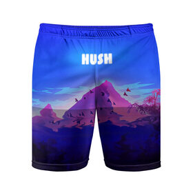 Мужские шорты спортивные с принтом HUSH ,  |  | голубое небо | горы | долина | закат | нарисованные горы | облака | природа | птицы | рассвет | тропики