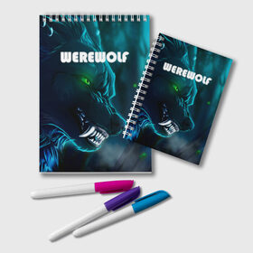 Блокнот с принтом WAREWOLF , 100% бумага | 48 листов, плотность листов — 60 г/м2, плотность картонной обложки — 250 г/м2. Листы скреплены удобной пружинной спиралью. Цвет линий — светло-серый
 | Тематика изображения на принте: глаза волка | зеленые глаза | злой зверь | неоновые глаза | оборотень | оскал волка | оскал оборотня