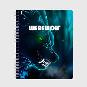 Тетрадь с принтом WAREWOLF , 100% бумага | 48 листов, плотность листов — 60 г/м2, плотность картонной обложки — 250 г/м2. Листы скреплены сбоку удобной пружинной спиралью. Уголки страниц и обложки скругленные. Цвет линий — светло-серый
 | глаза волка | зеленые глаза | злой зверь | неоновые глаза | оборотень | оскал волка | оскал оборотня