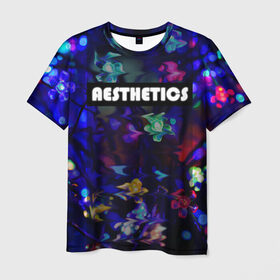 Мужская футболка 3D с принтом AESTHETICS , 100% полиэфир | прямой крой, круглый вырез горловины, длина до линии бедер | брызги красок | неоновая надпись | неоновые цветы | неоновый свет | светодиоды | цветы
