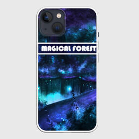 Чехол для iPhone 13 с принтом MAGICAL FOREST ,  |  | Тематика изображения на принте: звездное небо | магический лес | неоновая пыль | неоновые линии | озеро ночью | отражение в озере | светлячки в лесу