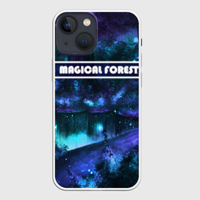 Чехол для iPhone 13 mini с принтом MAGICAL FOREST ,  |  | Тематика изображения на принте: звездное небо | магический лес | неоновая пыль | неоновые линии | озеро ночью | отражение в озере | светлячки в лесу