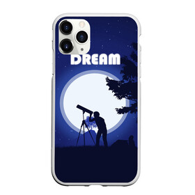 Чехол для iPhone 11 Pro Max матовый с принтом DREAM , Силикон |  | 2d рисунок | звездное небо | луна | минимализм | ночное небо | полнолуние | человек с телескопом
