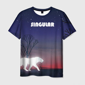 Мужская футболка 3D с принтом SINGULAR , 100% полиэфир | прямой крой, круглый вырез горловины, длина до линии бедер | Тематика изображения на принте: алый закат | звездное небо | неоновый тигр | ночное небо | тигр на закате