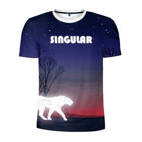 Мужская футболка 3D спортивная с принтом SINGULAR , 100% полиэстер с улучшенными характеристиками | приталенный силуэт, круглая горловина, широкие плечи, сужается к линии бедра | Тематика изображения на принте: алый закат | звездное небо | неоновый тигр | ночное небо | тигр на закате