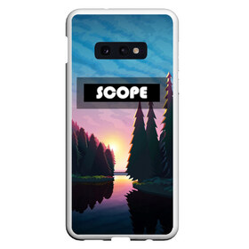 Чехол для Samsung S10E с принтом SCOPE , Силикон | Область печати: задняя сторона чехла, без боковых панелей | вечернее небо | голубое небо | деревья | закат | лес | неоновая надпись | озеро | река