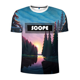 Мужская футболка 3D спортивная с принтом SCOPE , 100% полиэстер с улучшенными характеристиками | приталенный силуэт, круглая горловина, широкие плечи, сужается к линии бедра | вечернее небо | голубое небо | деревья | закат | лес | неоновая надпись | озеро | река