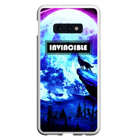 Чехол для Samsung S10E с принтом INVINCIBLE(НЕПОДИМЫЙ-(АЯ)) , Силикон | Область печати: задняя сторона чехла, без боковых панелей | Тематика изображения на принте: волк | волк воет на луну | волк зимой | зима | лес | луна | неоновая иллюстрация | неоновая надпись | оборотень | полнолуние | снег | снежные горы