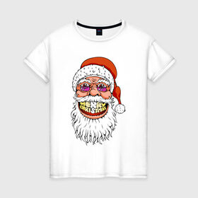 Женская футболка хлопок с принтом Довольный Санта , 100% хлопок | прямой крой, круглый вырез горловины, длина до линии бедер, слегка спущенное плечо | Тематика изображения на принте: 