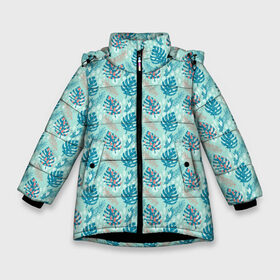 Зимняя куртка для девочек 3D с принтом Тропический паттерн монстера , ткань верха — 100% полиэстер; подклад — 100% полиэстер, утеплитель — 100% полиэстер. | длина ниже бедра, удлиненная спинка, воротник стойка и отстегивающийся капюшон. Есть боковые карманы с листочкой на кнопках, утяжки по низу изделия и внутренний карман на молнии. 

Предусмотрены светоотражающий принт на спинке, радужный светоотражающий элемент на пуллере молнии и на резинке для утяжки. | Тематика изображения на принте: абстракция | веточка | гавайи | джунгли | лето | листья | монстера | орнамент | пальма | паттерн | пятна | тропики | тропический | узор