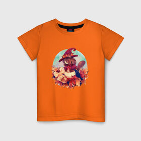 Детская футболка хлопок с принтом Ведьмочка , 100% хлопок | круглый вырез горловины, полуприлегающий силуэт, длина до линии бедер | autumn | watercolor | witch | акварель | ведьмочка | листья | осень