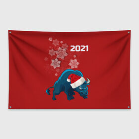 Флаг-баннер с принтом Бык 2021 , 100% полиэстер | размер 67 х 109 см, плотность ткани — 95 г/м2; по краям флага есть четыре люверса для крепления | 2021 | бык | бык в шапке  санта клауса. | год быка | гороскопы | китайский гороскоп | синий бык