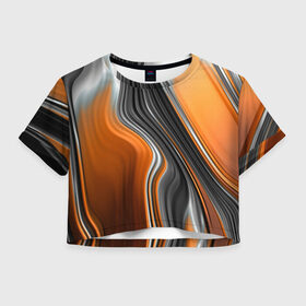 Женская футболка Crop-top 3D с принтом абстрация , 100% полиэстер | круглая горловина, длина футболки до линии талии, рукава с отворотами | абстракция | белое | волны | оранжевое | полосы | серое | узор | черное