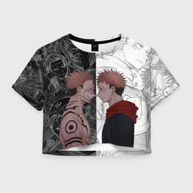 Женская футболка Crop-top 3D с принтом Jujutsu Kaisen Сукуна х Юдзи , 100% полиэстер | круглая горловина, длина футболки до линии талии, рукава с отворотами | anime | black | cursed spirit | demon | evil | good | itadori yuji | magic battle | shaman | sukuna | white | ying yang | аниме | белое | годжо сатору | демон | добро | зло | инь ян | итадори юдзи | кугисаки | магическая битва | проклятый дух | рёмен суку