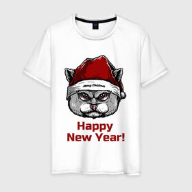 Мужская футболка хлопок с принтом Злой кот Happy New Year! , 100% хлопок | прямой крой, круглый вырез горловины, длина до линии бедер, слегка спущенное плечо. | 