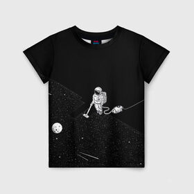 Детская футболка 3D с принтом Космический клининг , 100% гипоаллергенный полиэфир | прямой крой, круглый вырез горловины, длина до линии бедер, чуть спущенное плечо, ткань немного тянется | cleaner | cosmonaut | moon | space | stars | vacuum | звезды | космонавт | космос | луна | пылесос | уборка